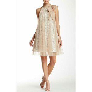 NWT RYU IVORY DRESS TAN TULLE NUDE LACE TIE NECK HALTER M Party Wedding Cocktail